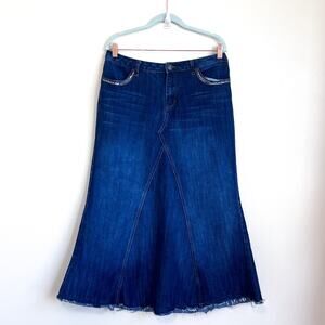 Y2K Dark Denim Flare Midi Women Skirt Size XL Boho Western Hippie Festival 90s